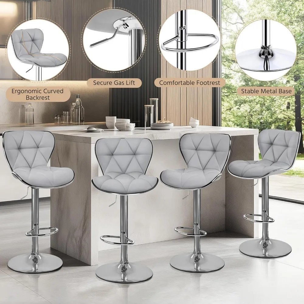 Bar Stools Set of 4, Island Chairs Shell Back, PU Leather Adjustable Barstools, Swivel Barstools with Footrest for Home Kitchen