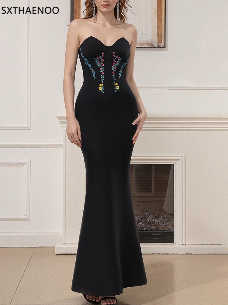 SXTHAENOO أنيقة طويلة التطريز مثير نمط ثوب مسائي Vestidos المرأة عارية الكتفين فستان بلا أكمام مأدبة موضة 2025