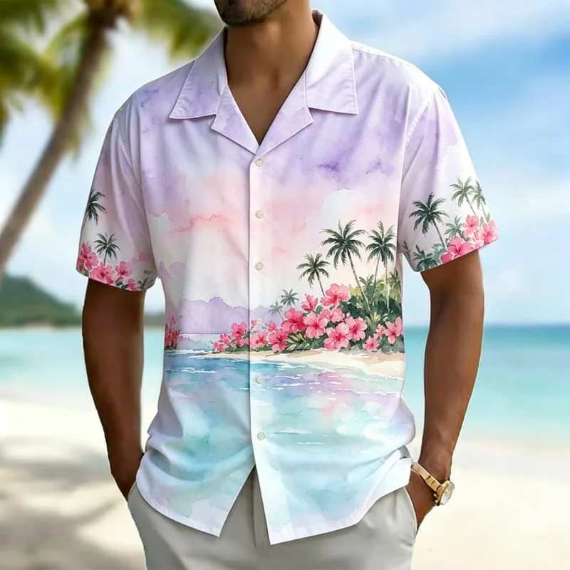 Men's watercolor coastal landscape printed Hawaiian shirt, for summer adventures, poolside, daily wear, and short vacations
