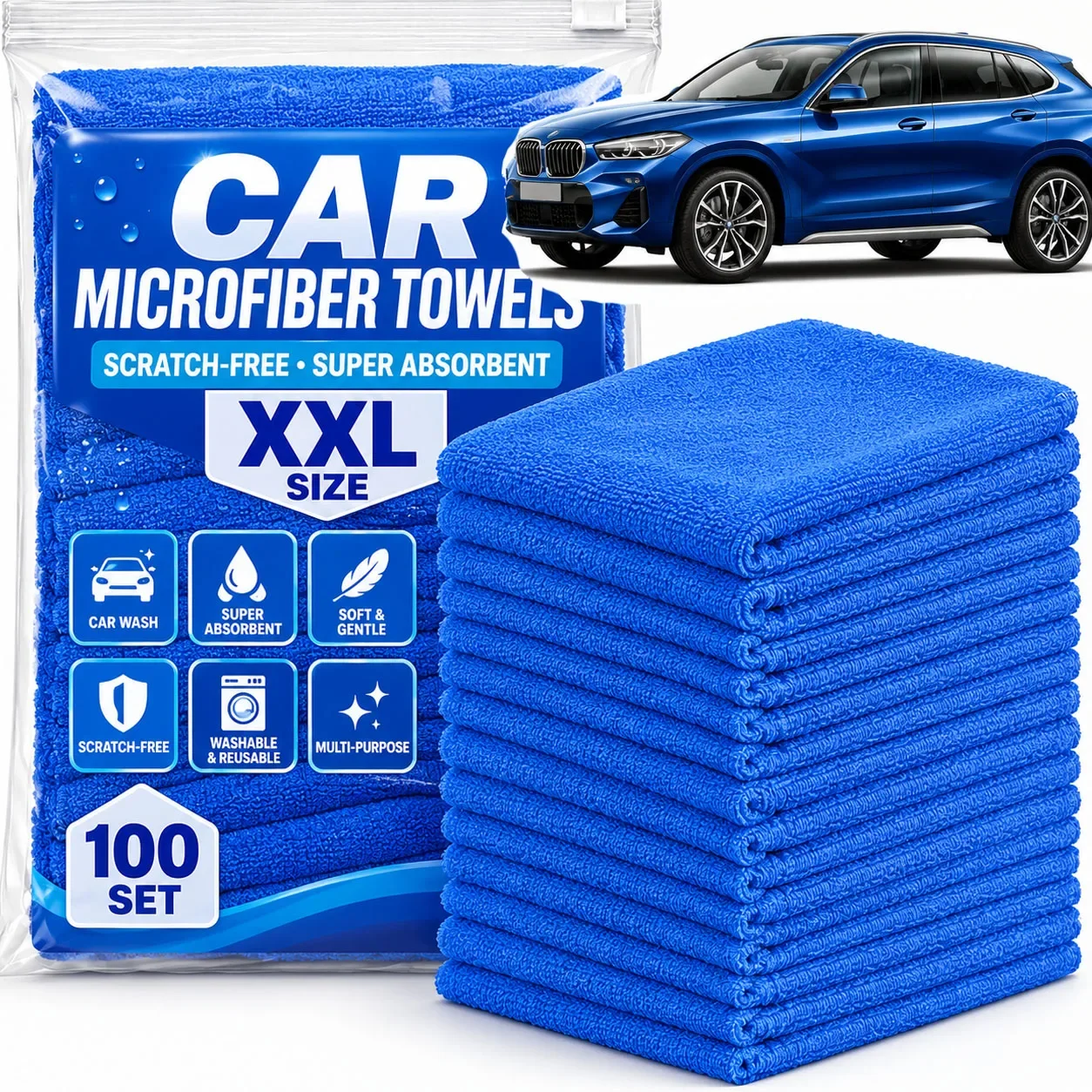 1/100PCS Microfiber Towels Car Wash Drying Cloth Blue Car Care Detailing Cleaning Polishing Duster Home Kitchen Washing Rags