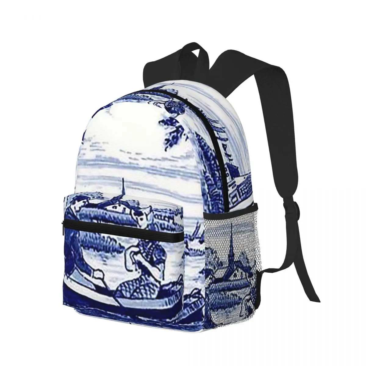 Dutch Blue Delft Windmill Church And Sailboats Student Backpack School Bag Hiking Travel Daypack for Men Women Bookbag