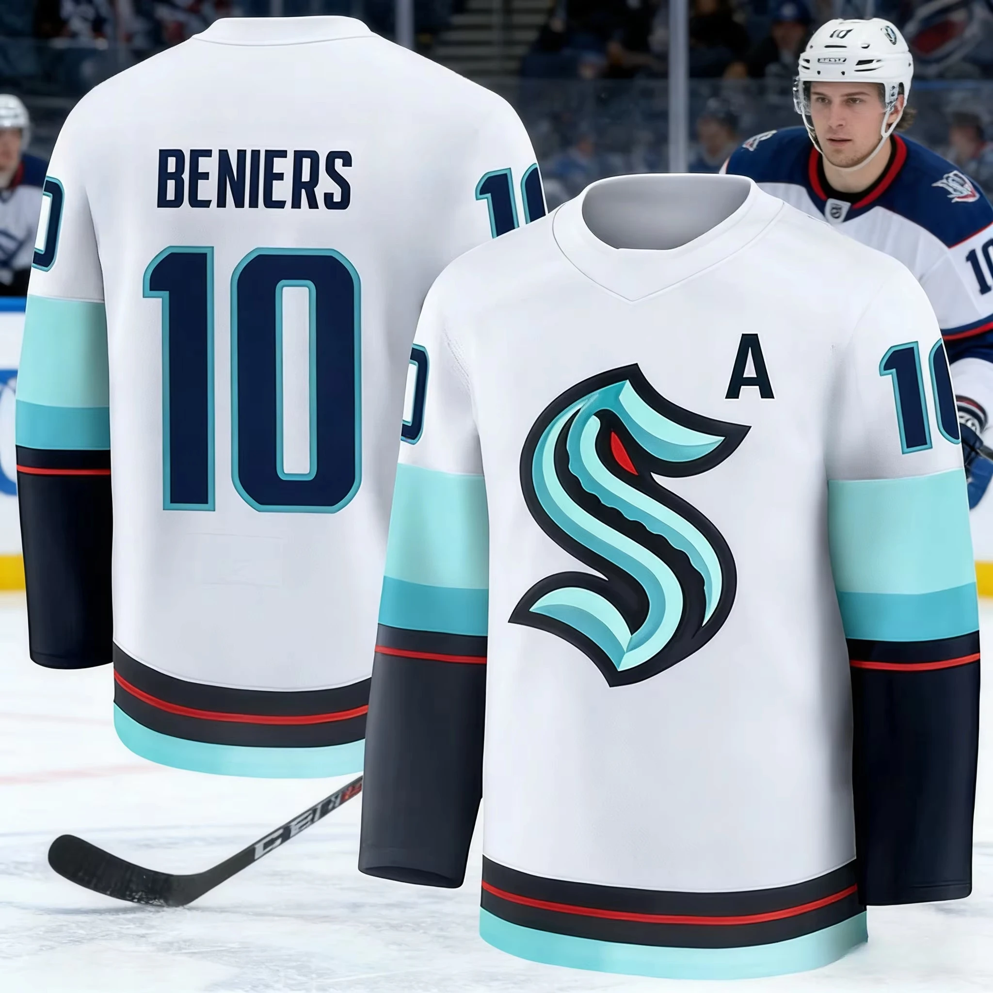 2026 Best-selling Men's Sea Monster Ice Hockey Training White Jersey Moisture-Wicking 3D Print Long Sleeve Kids