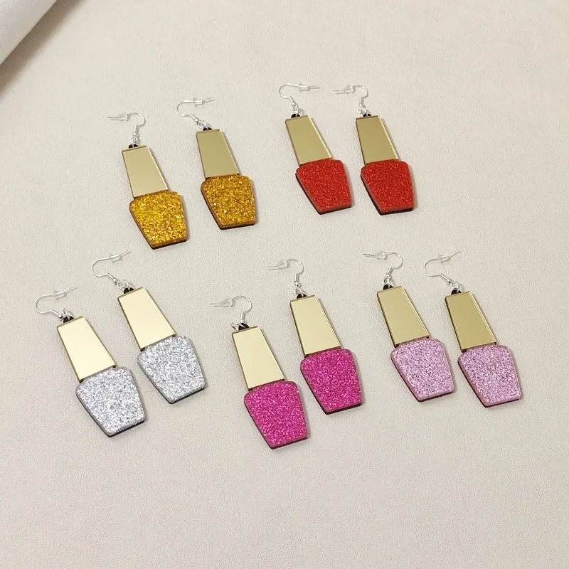 Cute Nail Polish Bottle Drop Earrings for Women Glitter Pink Purple Acrylic Summer Rock Festival Jewelry