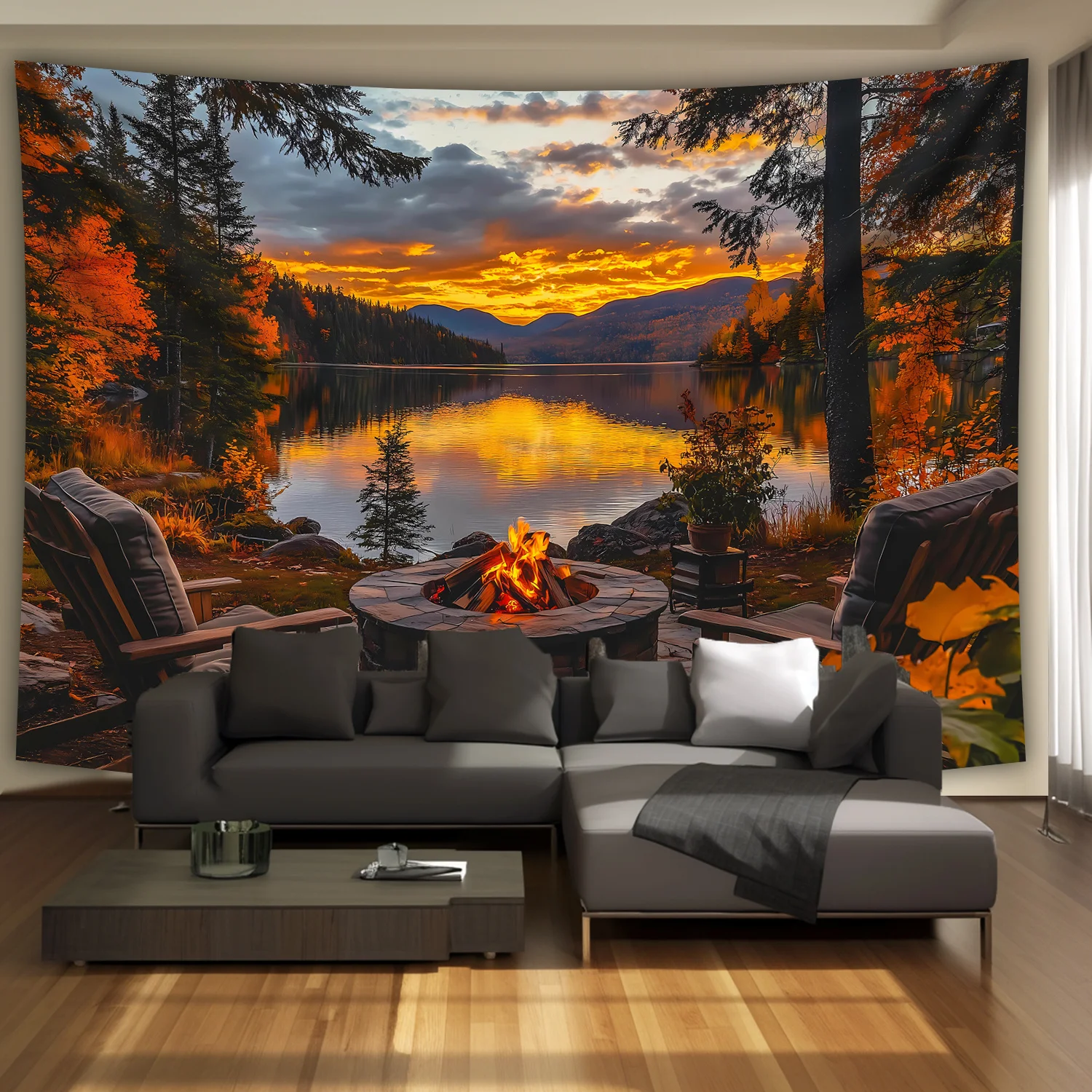 1pc Ultra Large Warm Autumn Bonfire Dusk Lake Landscape Tapestry - Premium Polyester HD Digital Print Wall Hanging with Wrinkle-