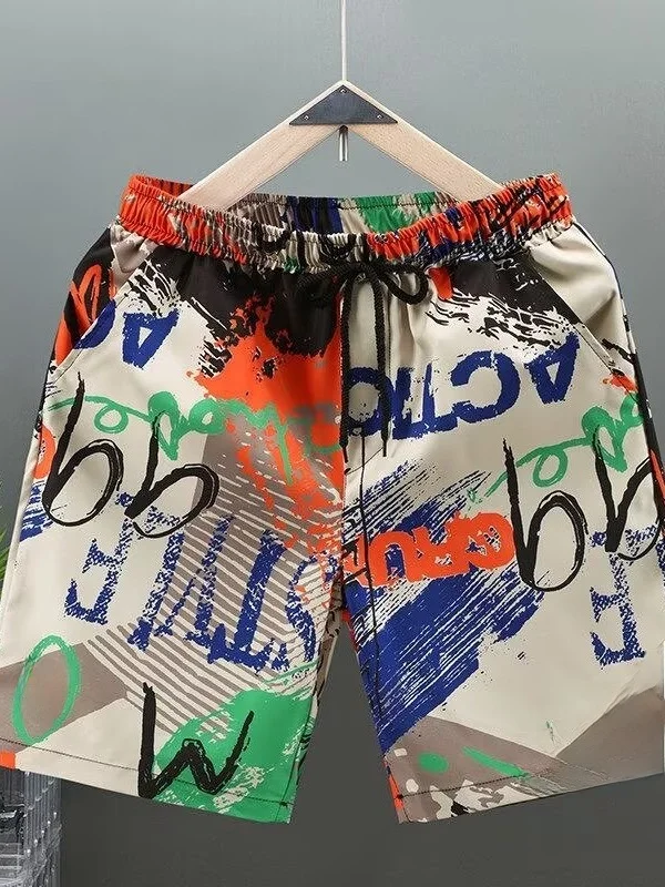 Summer Beach Print Ice Silk Cool Feeling Men's Five-Quarter Casual Shorts Loose Straight Leg Large Underwear Polyester Fiber