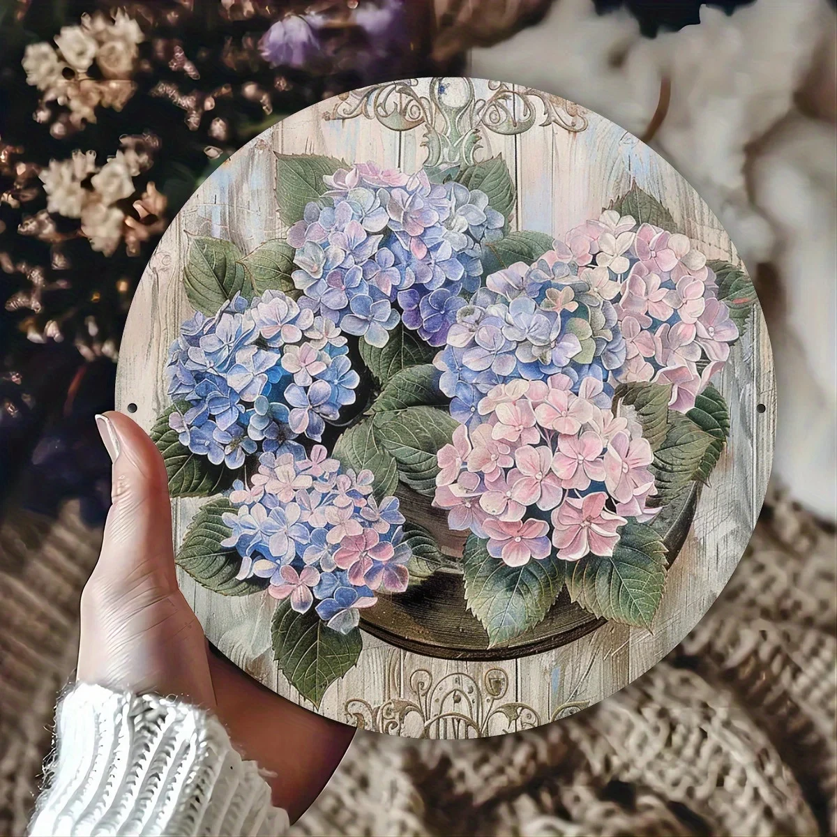 2D Flat Surface, 1 Piece, 2D Flat Circular Surface 20X20Cm (8x8inch) Vintage Hydrangea Aluminum Wall Art, Waterproof and Rust-Proof Metal Sign, Suitable for Home, Ca