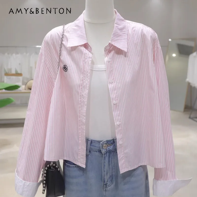 

Autumn Thin Striped Cartoon Embroidery Top Shirt Color-Block Sleeves Loose Slimming Cotton Single-breasted Short Blouse Ladies