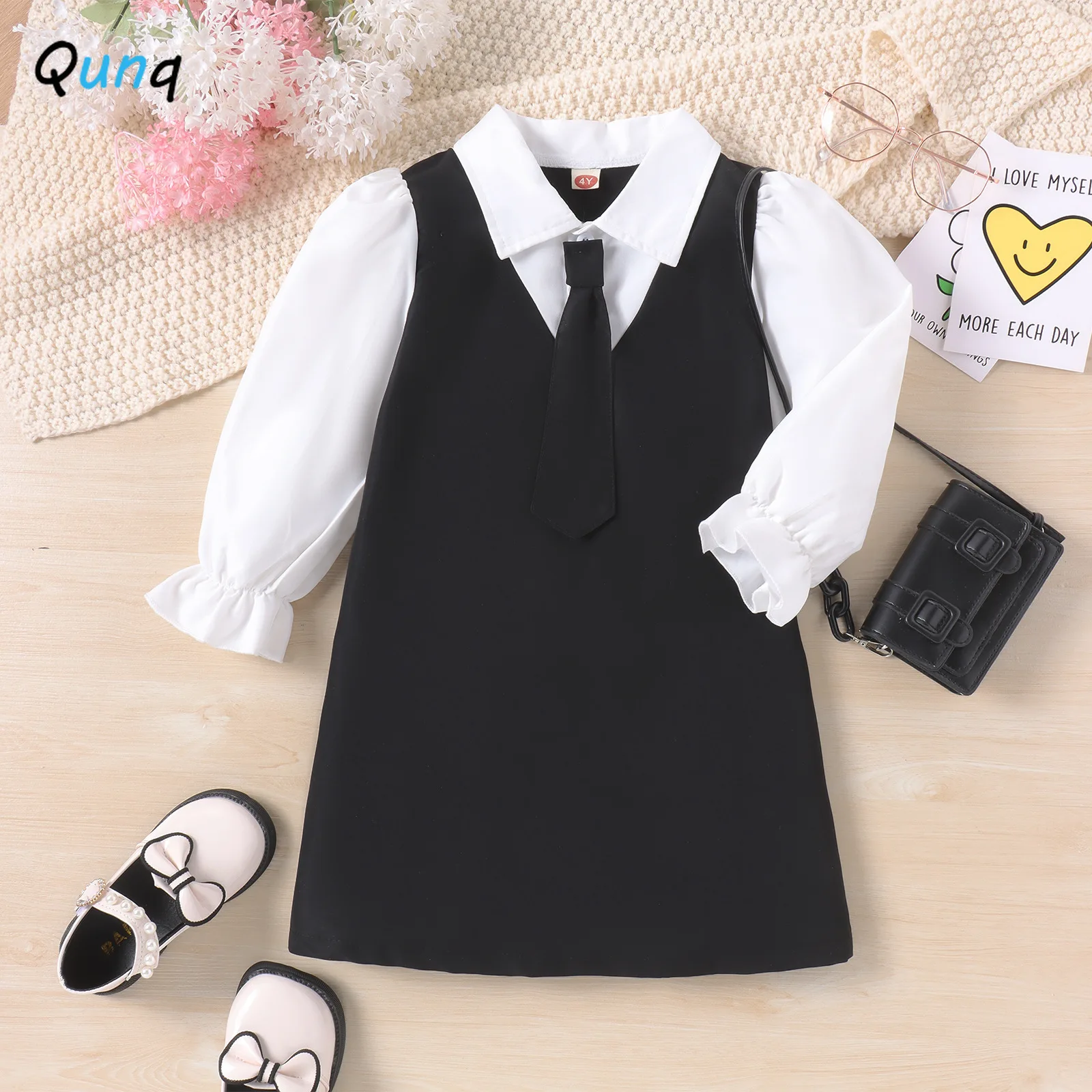 Qunq 2023 Autumn Girls Lapel Puffy Sleeve Shirt Top And Necktie + Suspender Dress 2 Pieces Set Casual Kids Clothing Age 3T-8T