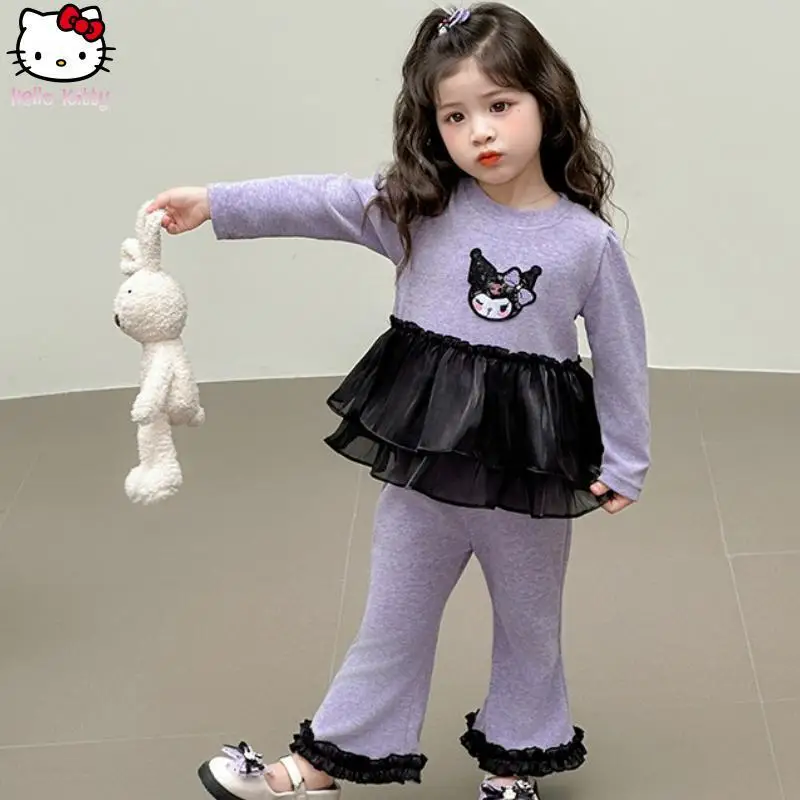 

Sanrio Girls Kuromi Long-Sleeved Gauze Skirt Pants Set Kawaii Cartoon Spring Autumn New Anime T Shirt Cake Skirt Wide Leg Pants