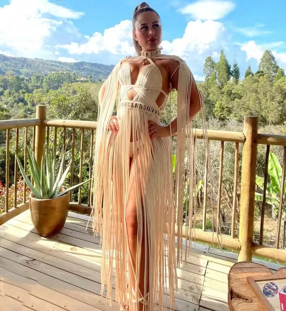Beachapche 2023 biały damski golf długi Tassel Sexy perspektywa projekt Maxi sukienka moda klub nocny Runway makrama sukienka