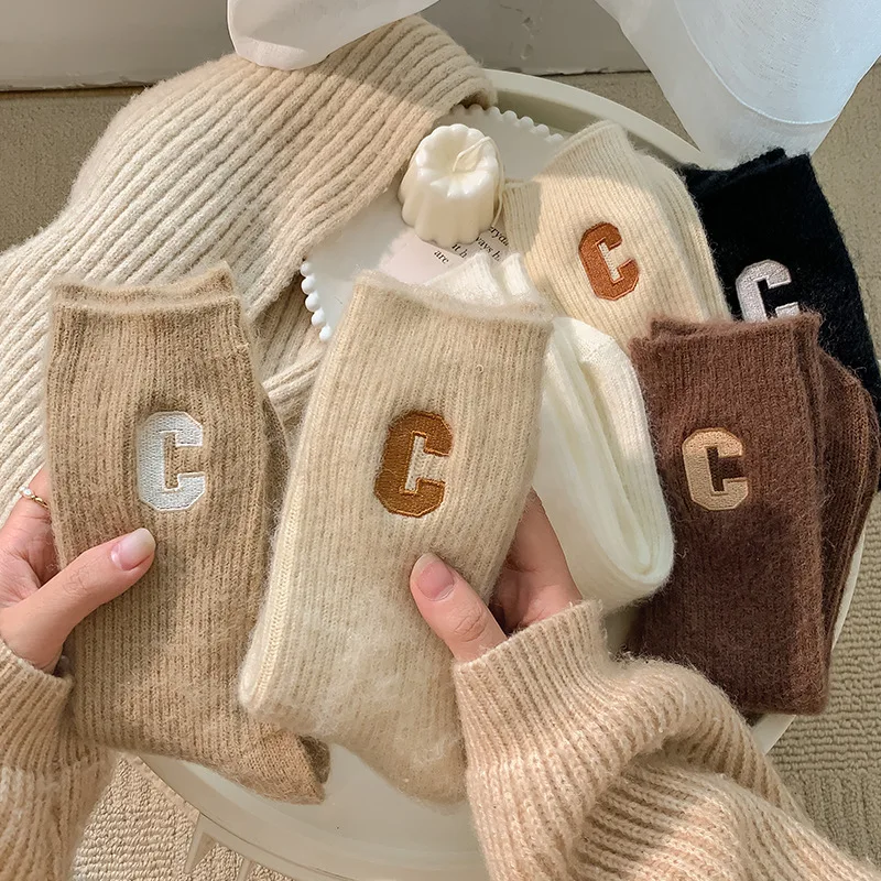 Luxury Women Wool Socks Warm Winter Thick Cashmere Casual Japanese Fashion Solid Color Comfortable Home Sock Long High Quality