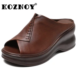 Koznoy 7cm Cow Genuine Leather Summer Platform Comfy Peep Toe Good Slipper Flexible Women Lightweight Flats Slip on Rubber Shoes