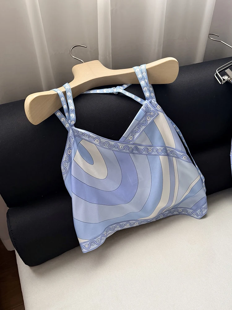 Summer Fashion Beach Tourism Geometric Print Asymmetrical Tops Women's Sexy Strapless Spaghetti Strap High Waist Slim Top