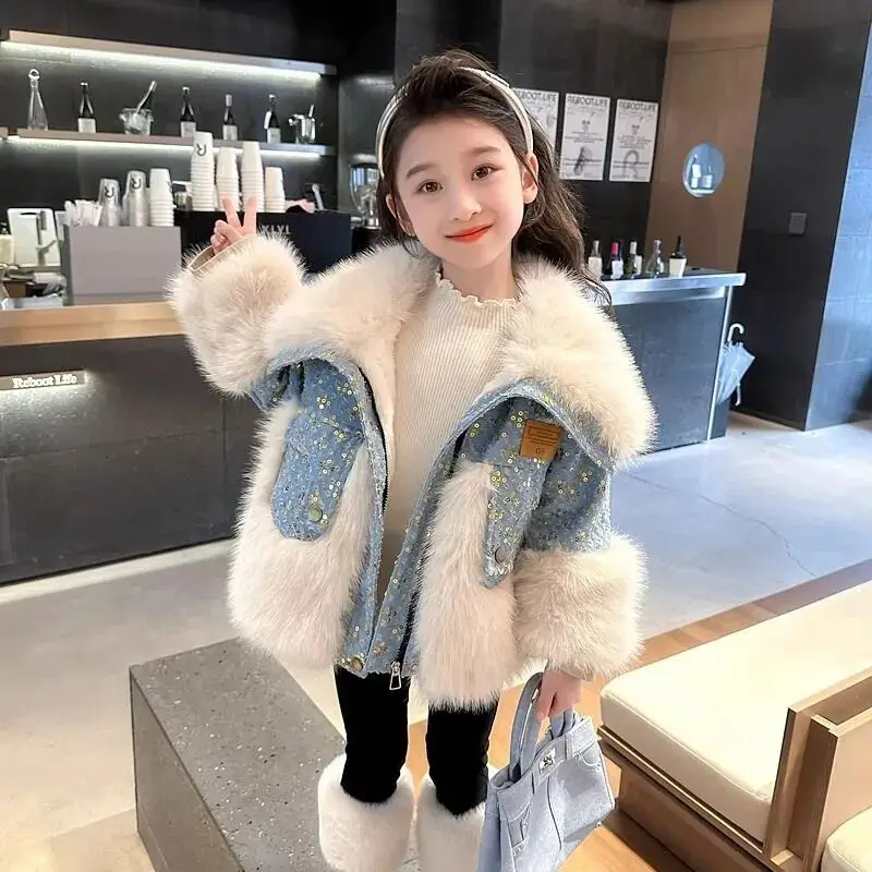 

2025 New Winter Jacket Kids Girl Parkas Warm Faux Fur Coat For Girls Children Sequin Winter Clothes Soft Party Baby Girl Coats