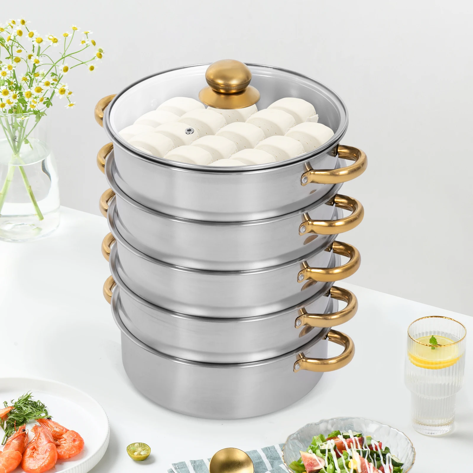 

5-ярусная современная круглая пароварка с золотой ручкой, 30*47 см, кухонная посуда из нержавеющей стали с крышкой