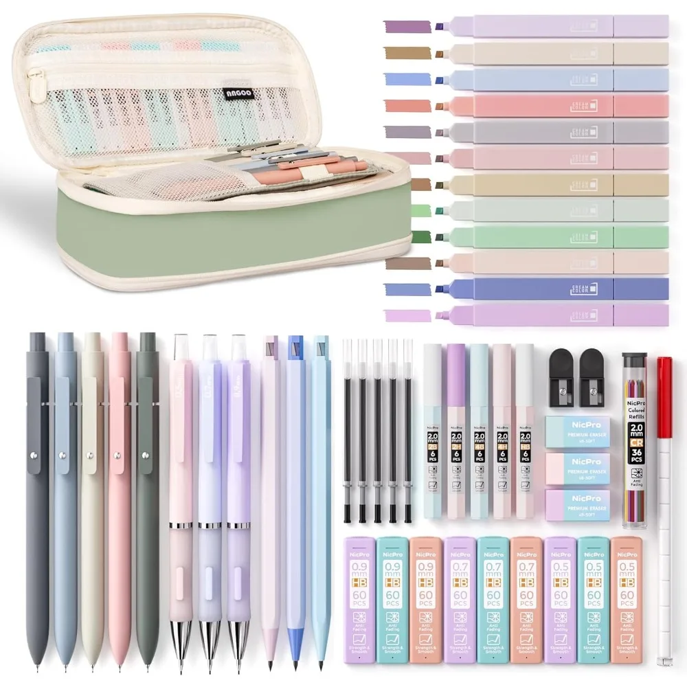 50 PCS Aesthetic School Supplies with Pen Case, 5 Quick Dry Retractable Black Ink Pens, 12 Pastel