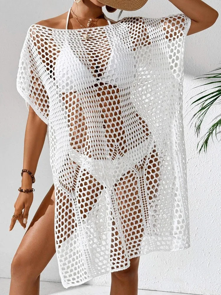 섹시한 여성용 솔리드 루즈 비키니 커버업, 속이 비치는 반팔 롱 비치 드레스, 레이디 브라질리언 수영복 커버업