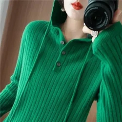 2024 Autumn/Winter Women's Casual Fashion Elegant Commuting Loose Hoodie with Button Strap and Meilad Hoodie Knitted Base Hoodie