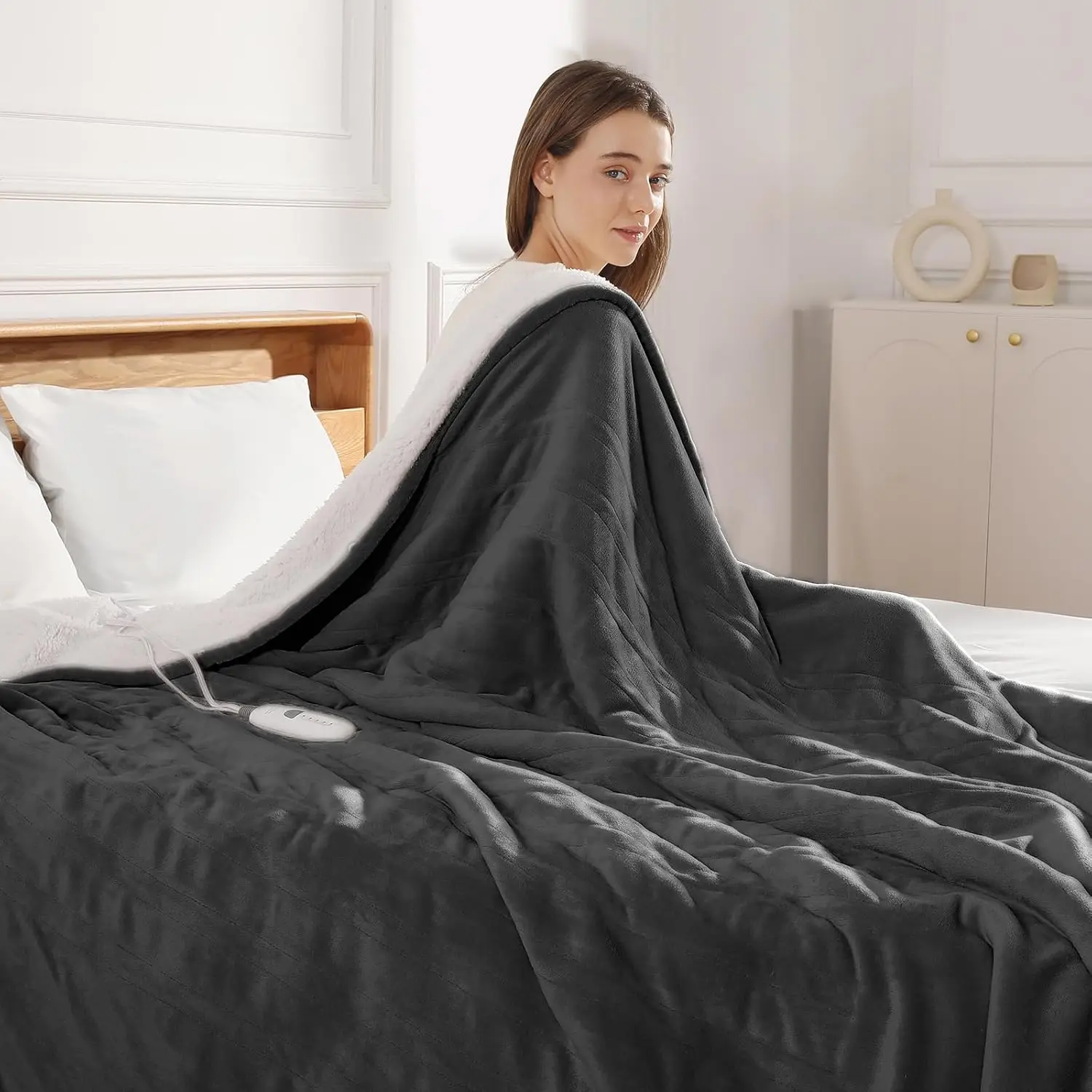 

Queen Size Electric Heated Blanket with Dual Control, 5 Heat Settings, Timer & Washable Charcoal Gray