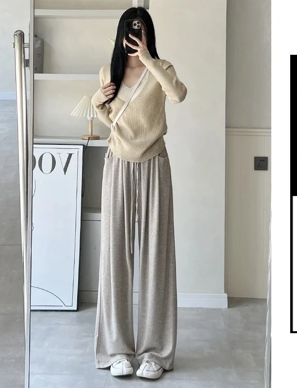 와이드 레그 팬츠 캐주얼 여성용 가을 울 플리츠 오버사이즈 대학생 편안한 다용도 클래식 스타일