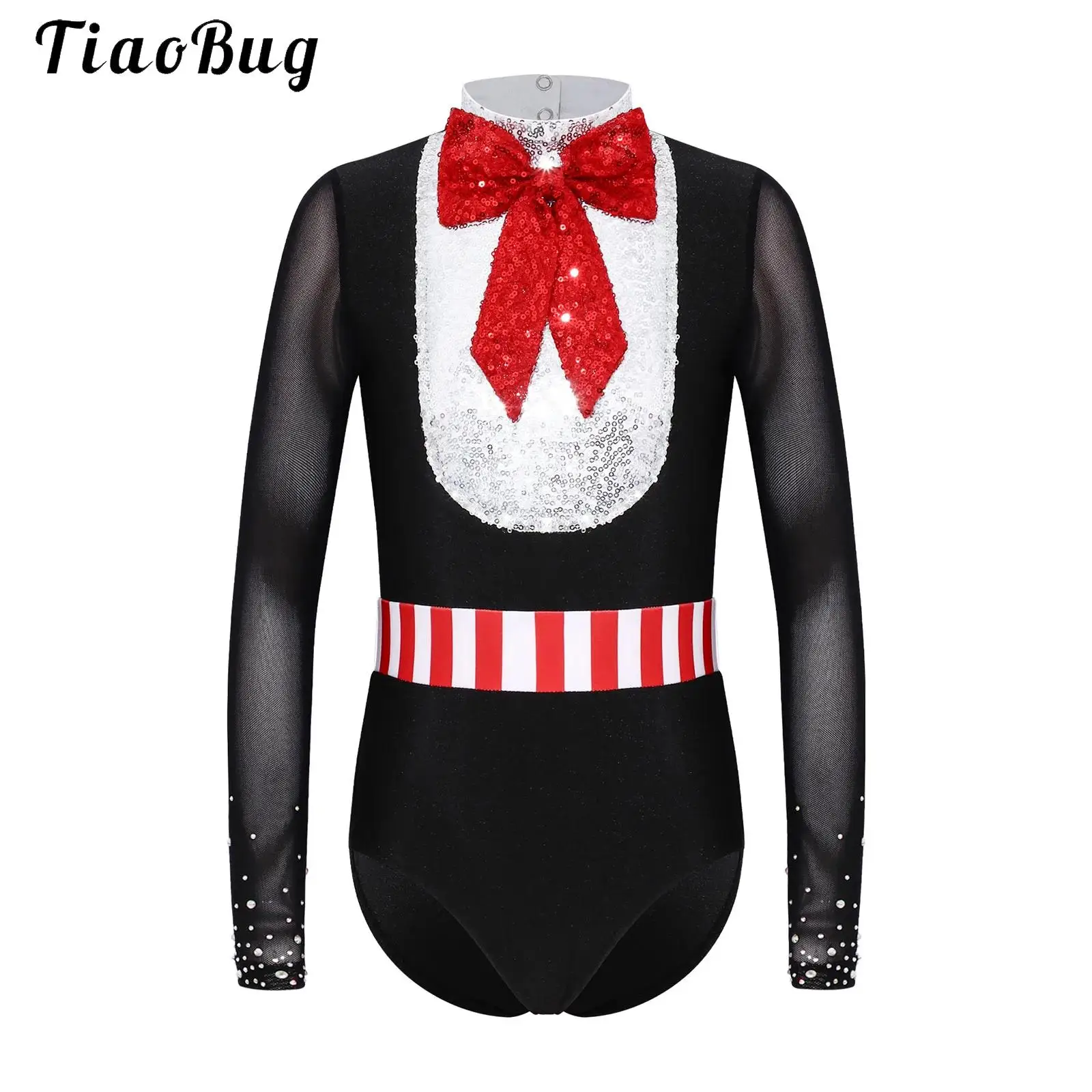 Kids Girls Ballet Dance Leotard Long Sleeve Bowknot Sequin Mesh Bodysuit Ringmaster Jumpsuit Halloween Circus Magician Costume