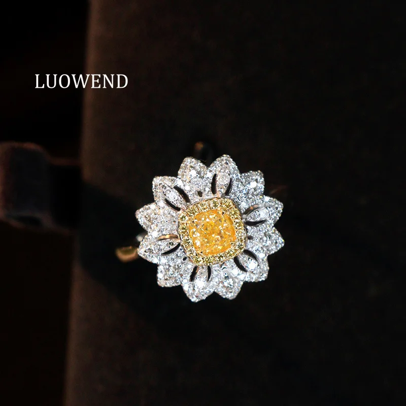 LUOWEND 100% 18K White Gold Rings Elegant Flower Shape Real Natural Yellow Diamond Engagement Ring for Women High Party Jewelry