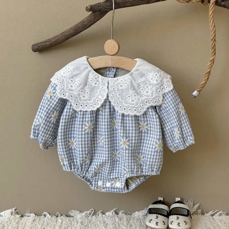 

Baby Girl Clothes Soft Cotton Printed Romper 0-18M Newborn Girl Lace Ruffle Peter Pan Collar Triangle Bodysuit Infant Daily Wear