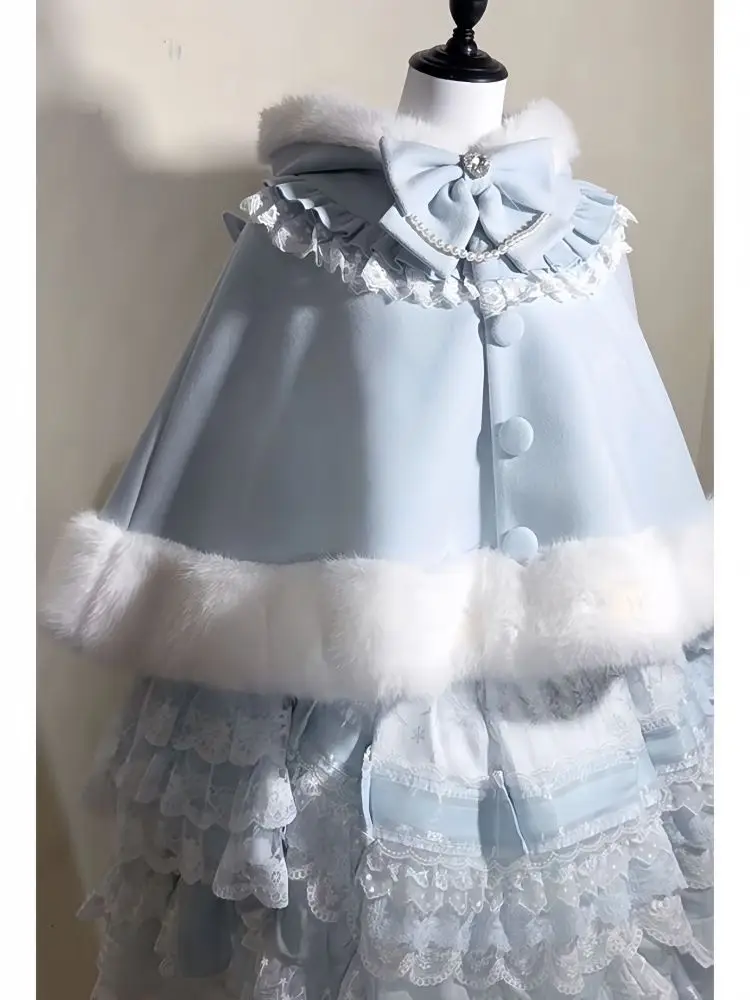 

Winter 2025 New Lolita Shawl Overcoat Women Design Bow Hooded Patchwork Kawaii Cope Coat Female Warm Chic Sweet Fur Collar Coat