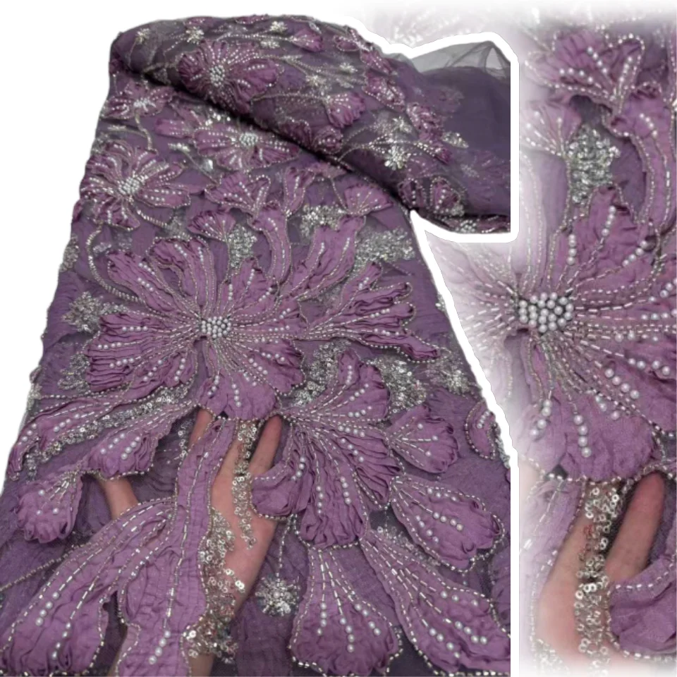

African 3D Flower Beads Lace Fabric 2025 High Quality French Nigerian Sequins Embroidery Tulle Fabric for Party Sewing CC1725