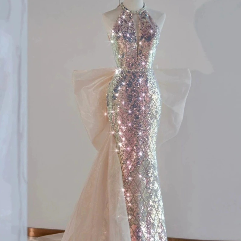 Vestido de fiesta de noche Vintage para mujer, falda de cola de pez con lentejuelas y decoración de lazo de perlas, sin espalda, sin mangas