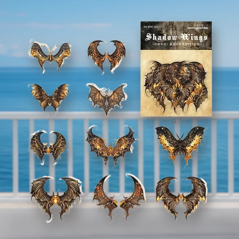 20 Stück Dekoraufkleber, Gothic-PET-Aufkleber, Schattenflügel-Serie, 6 Stile, Handkonto mit Flügelmotiv