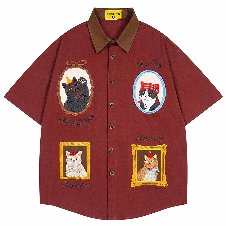 

Cat Embroidery Men Shirts Vintage Oversized Shirts Short Sleeve Button Up Blouse Streetwear Harajuku Hip Hop Shirts