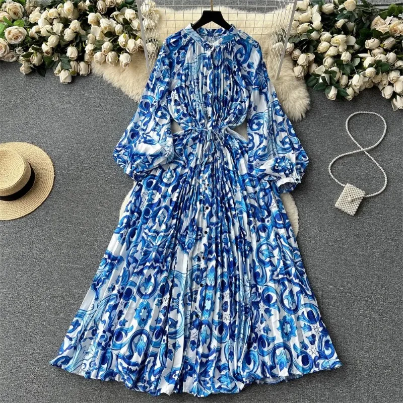 Elegant Vintage Print Pleated Dress O Neck Lantern Sleeve Single Breasted Robe Slim A-line One Piece Big Swing Vestidos Mujer