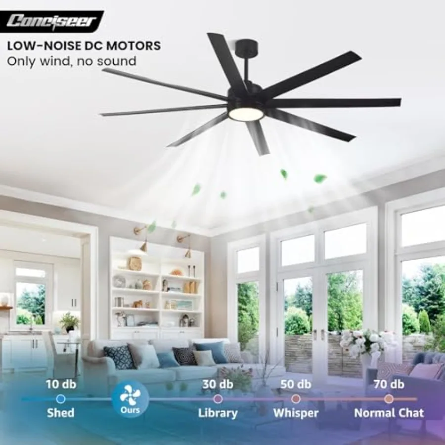 Bedroom living room library cafe outdoor/industrial ceiling fan with light, black metal 72-inch 8-blade quiet DC motor, 6-speed