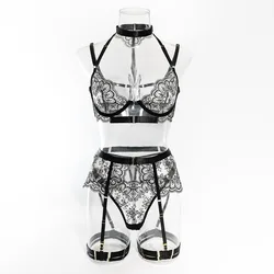 New Fashion Heavy Industry Embroidered Lingerie Set with Metal Buckle Women's Sexy Perspective Front Open Button Five Piece Set
