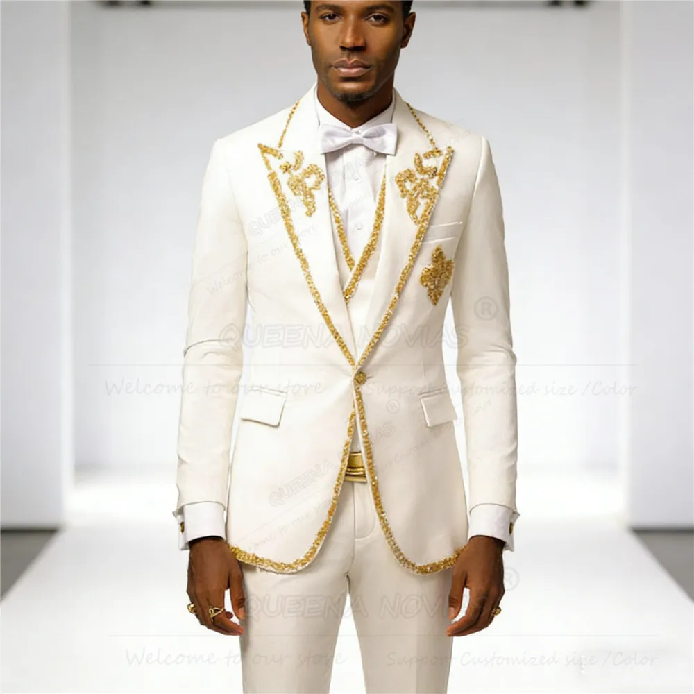 

Роскошные мужские костюмы с бисером и кристаллами, приталенный комплект из трех предметов, однобортный пиджак для выпускного вечера, индивидуальный мужской банкетный смокинг, наряд для жениха