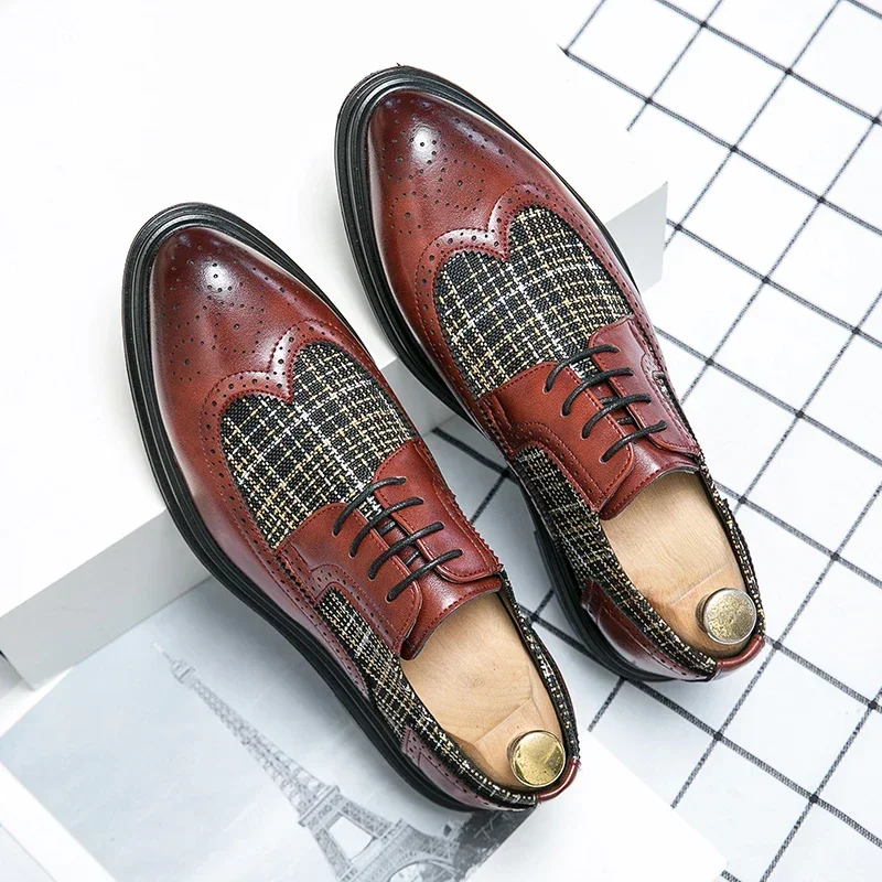 Men's Business Leather Shoes Large Size Brogue Carved Cloth Splicing Lace Up Men's Oxford Shoes Fashion Platform Wedding Shoes