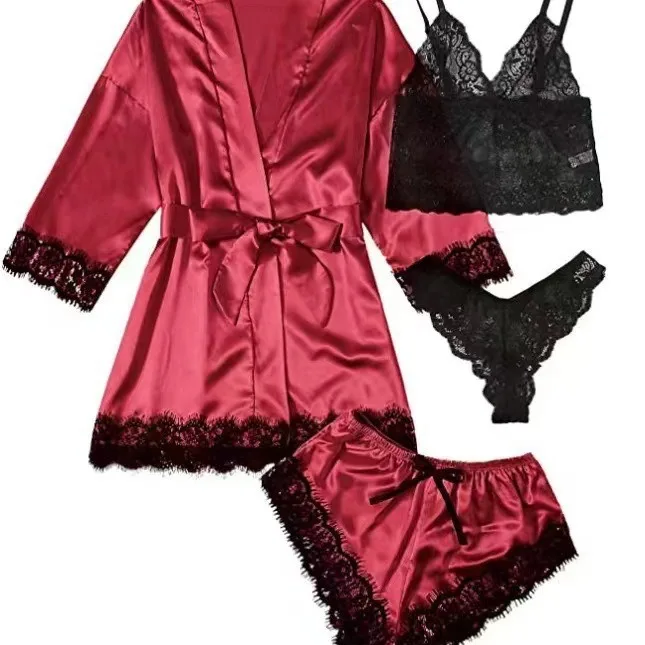 

Women's Loungewear Pajamas 4-piece Set Lace Satin Suspender Women's Summer Suit Pajama Shorts