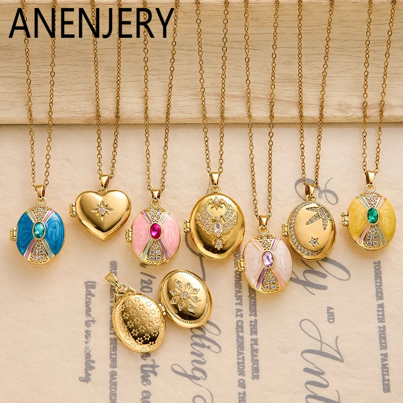 ANENJERY 316L Stainless Steel Openable Oval Heart Photo Frame Pendant Necklace For Women Vintage Fashion Jewelry Gifts Wholesale