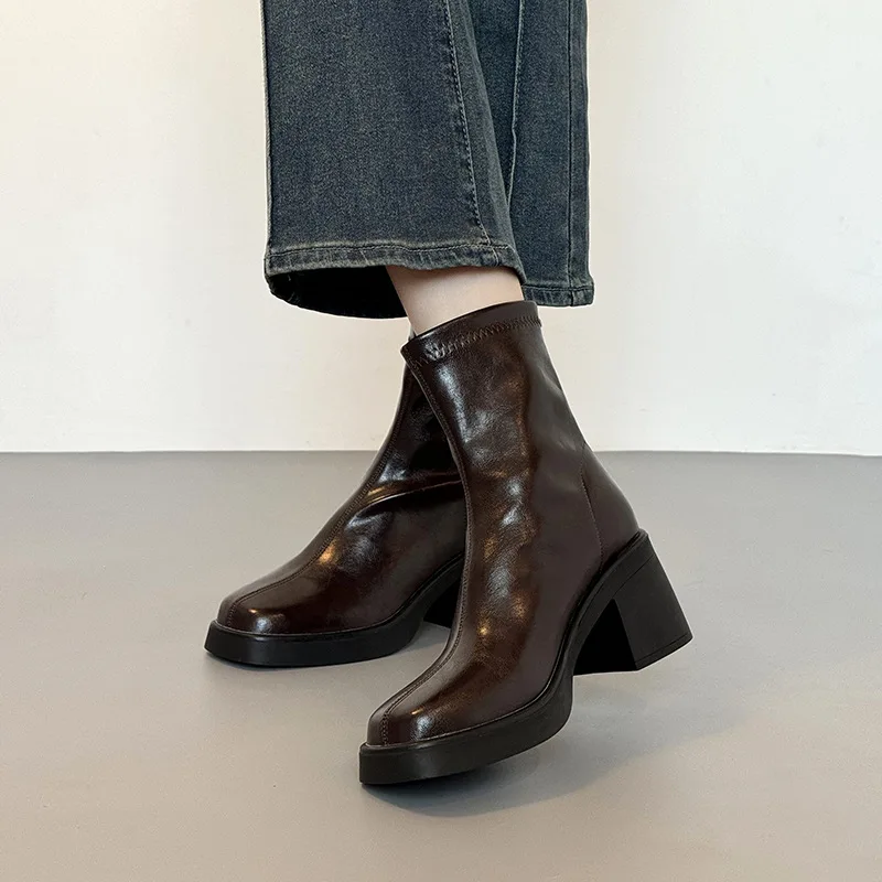 Women's Platform Chelsea Shorts Boots Spring Autumn Square Round Toe Zipper Ankle Boots Waterproof Mid High Heels Botas De Mujer view 4