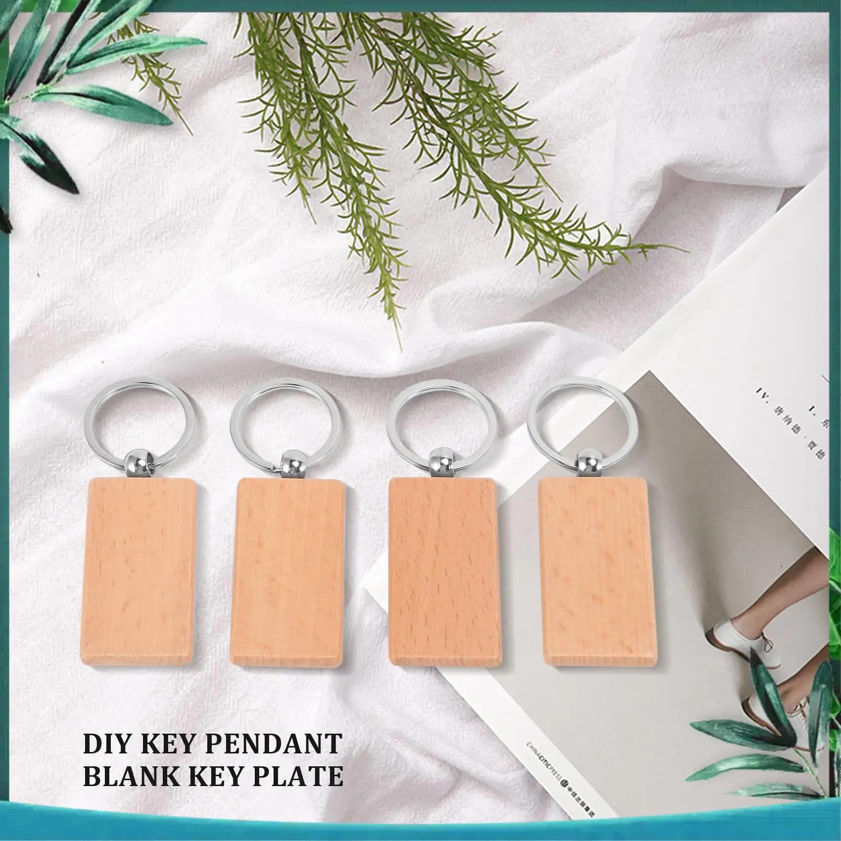 (NEW) 60Pcs Blank Rectangle Wooden Key Chain Diy Wood Keychains Key Tags Can Engrave Diy Gifts