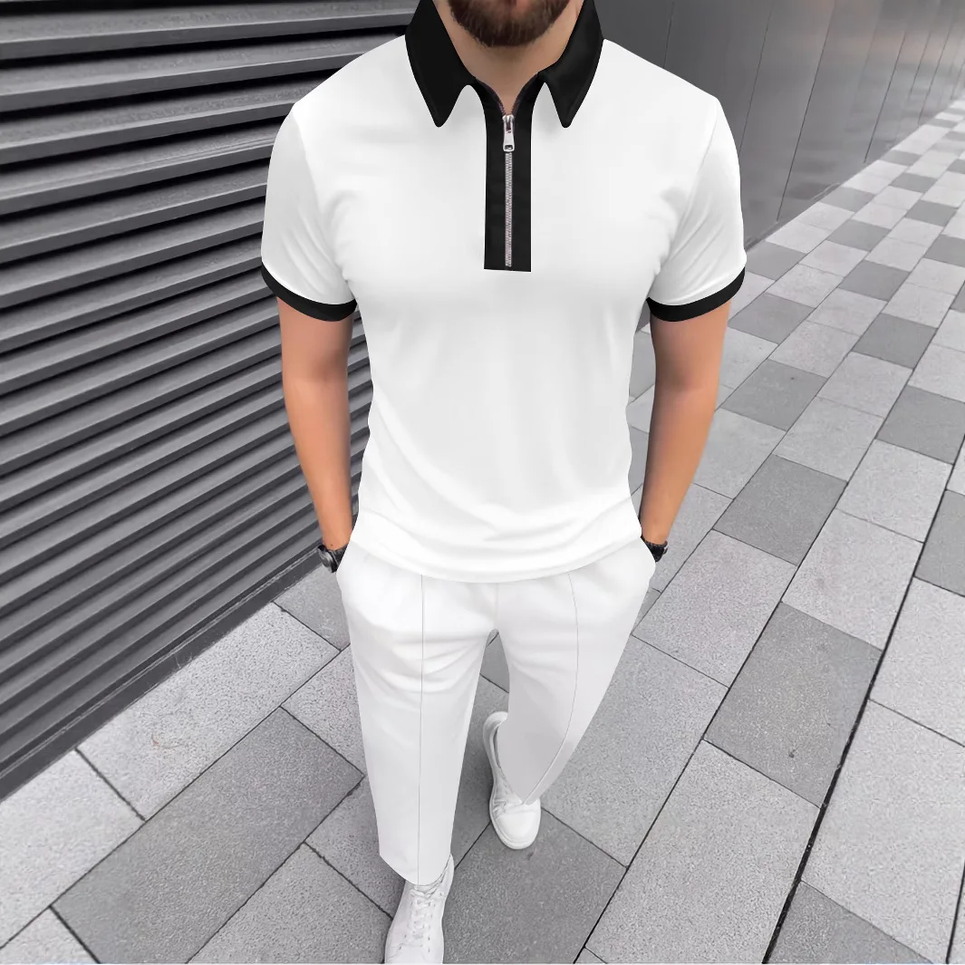 Everyday Casual Men's Short-Sleeved SSet, Spring Summer Casual POLO shirt with a lapellong Pants Two-Piece Set, Solid-Color Simp