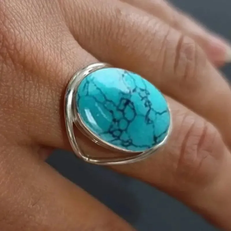 Classic Promise Ring Set with Gemstone Egg Shape Black Stone Turquoise Jewelry
