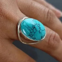 Classic Promise Ring Set with Gemstone Egg Shape Black Stone Turquoise Jewelry