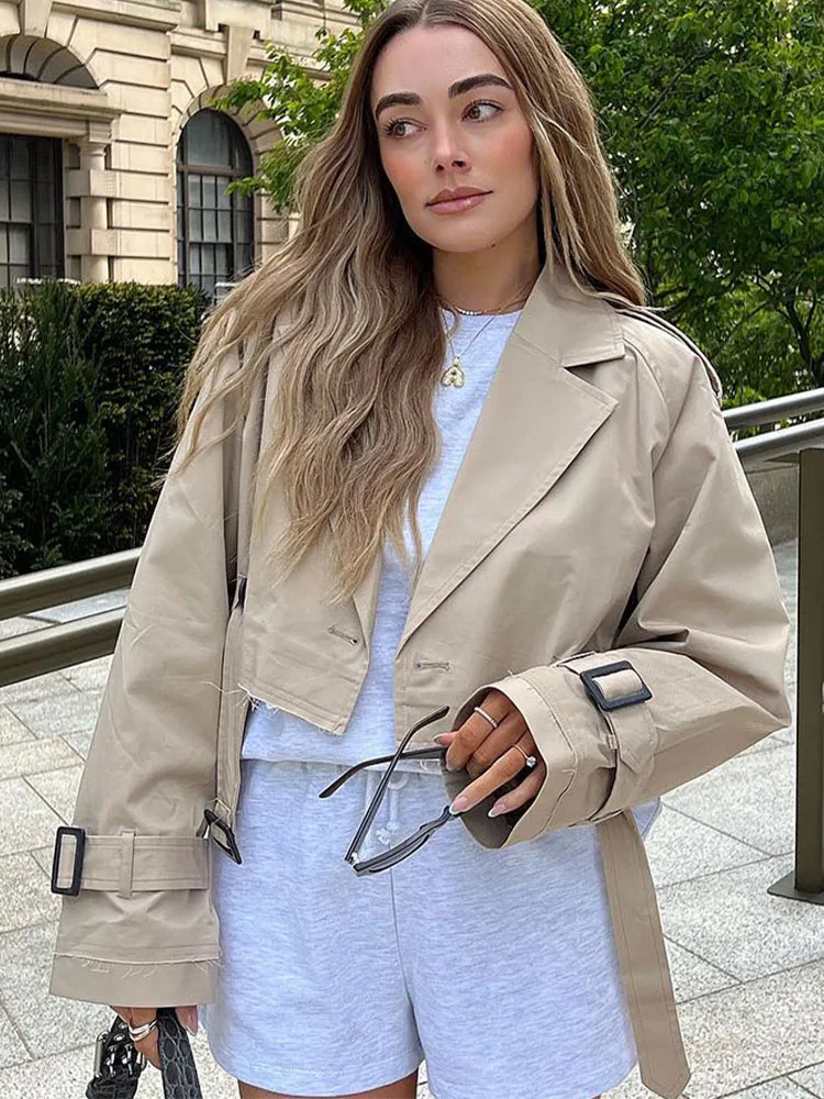 

HH 2025 г. Женская модная весенняя однотонная повседневная короткая ветровка с поясом, свободная двубортная женская уличная одежда с v-образным вырезом