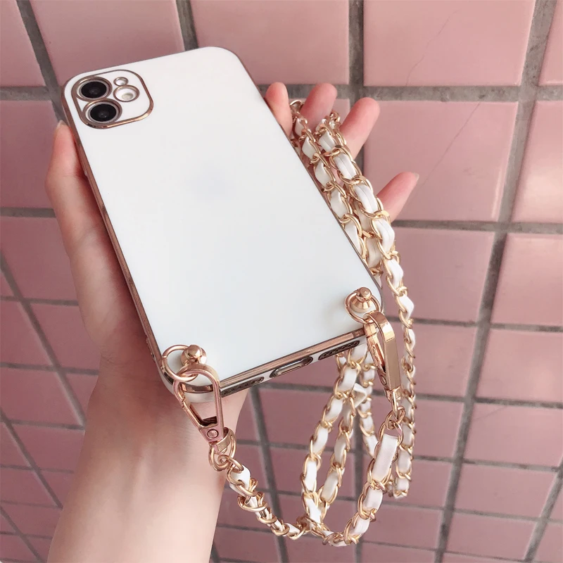 Crossbody Leather Lanyard Necklace Metal Chain Phone case for iPhone 15 14 13 11 12 Pro Max Mini 6 8 7 Plus Xr X Xs SE 202 Cover