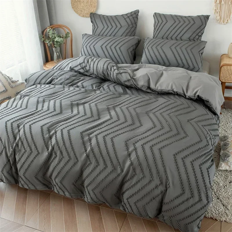 Solid Color Stripe Cut Flowers Bed Sets Full Queen Wave Patchwork King Size Duvet Cover with Pillow Cases Home Comforter Cover