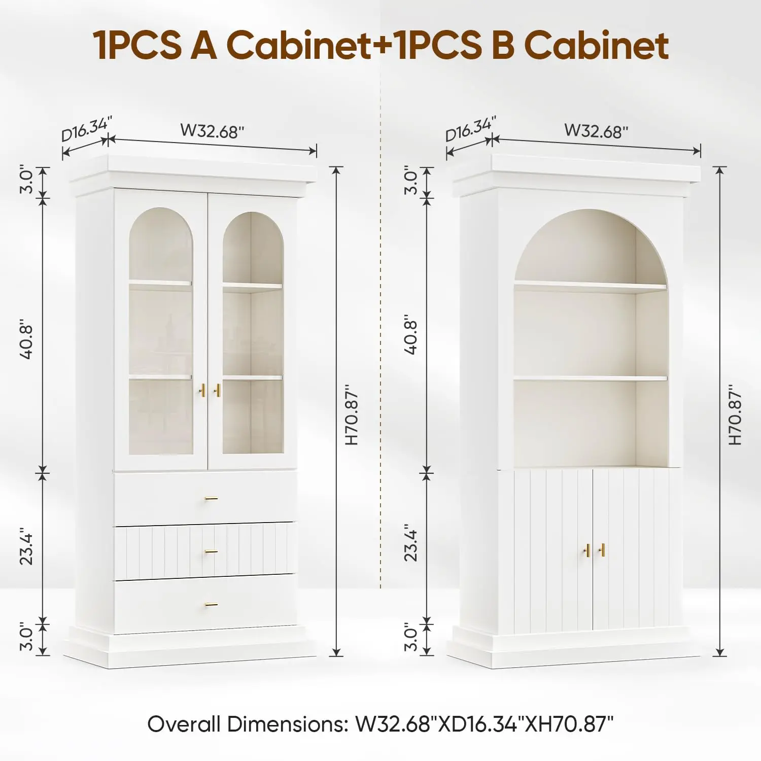 Arched Kitchen Pantry Cabinet Tall Display Glass Door Open Shelf Drawers White Gold 2 Set, Customized