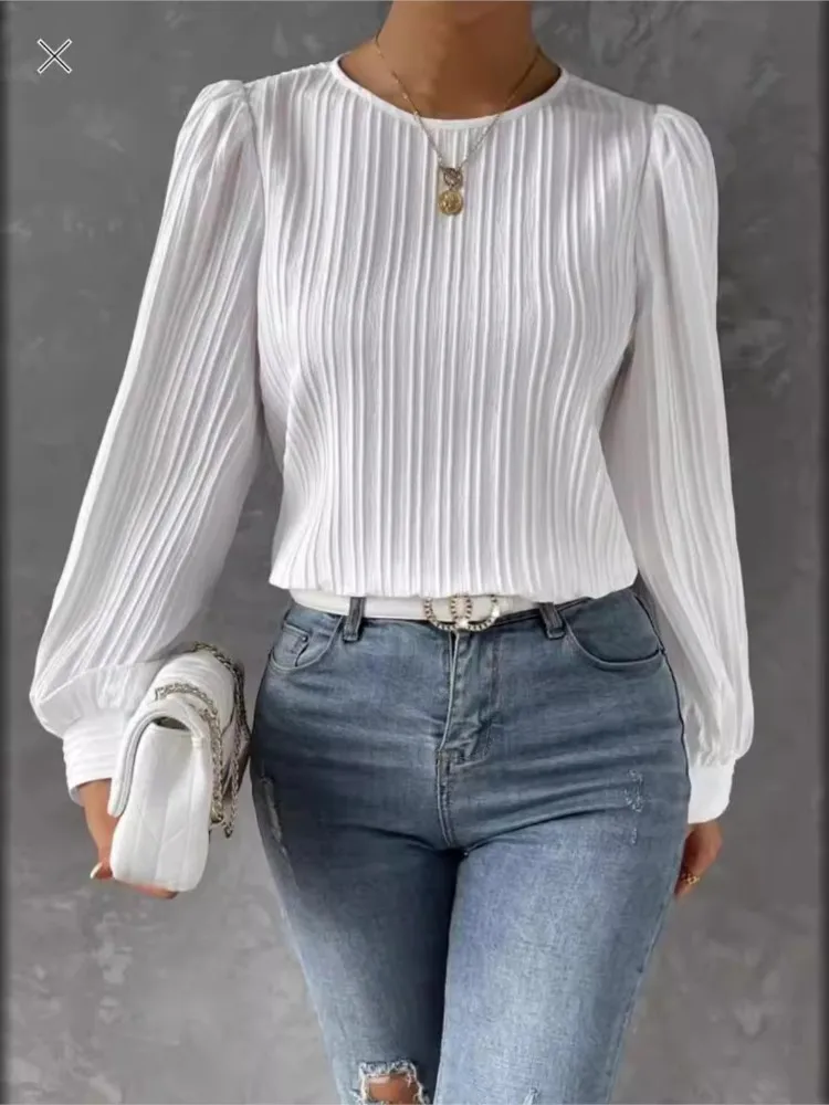 

Fashion Lantern Sleeve New Women's Spring Casual Round Neck Long Sleeved Button Hollow Solid Color Loose Shirt Top