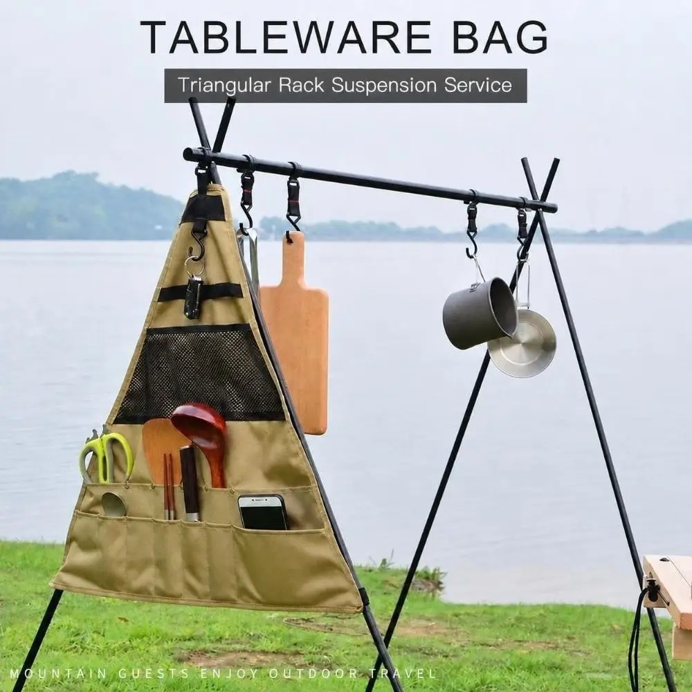 900D Oxford Fabric Camping Storage Bag Triangular Hanging Loop Utensil Storage Bag Multi-Pocket Tableware Organizer Camping